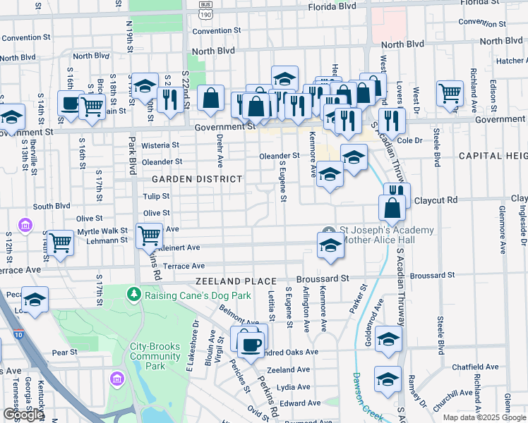 map of restaurants, bars, coffee shops, grocery stores, and more near 1004 Rittiner Drive in Baton Rouge