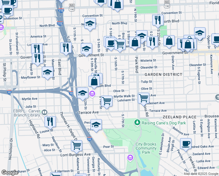 map of restaurants, bars, coffee shops, grocery stores, and more near 935 South 15th Street in Baton Rouge