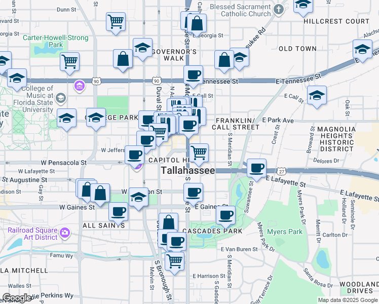 map of restaurants, bars, coffee shops, grocery stores, and more near in Tallahassee