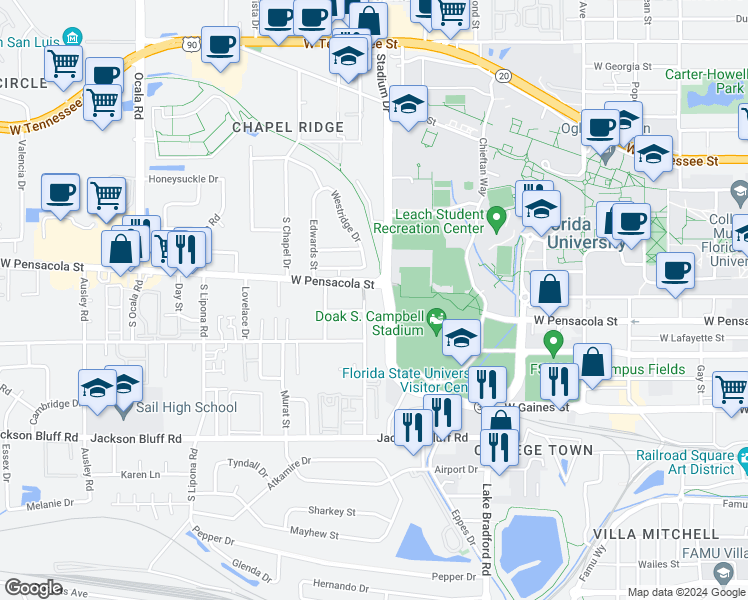 map of restaurants, bars, coffee shops, grocery stores, and more near 224 Hayden Road in Tallahassee