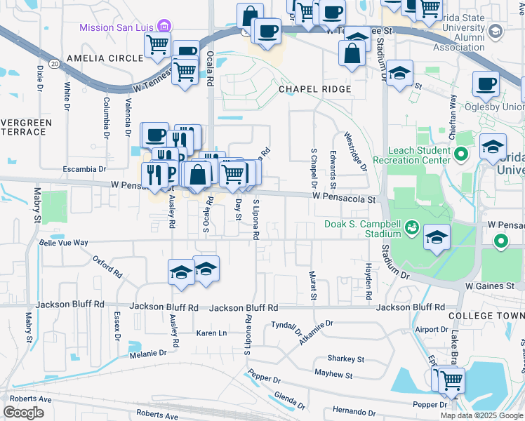 map of restaurants, bars, coffee shops, grocery stores, and more near 1861 West Pensacola Street in Tallahassee
