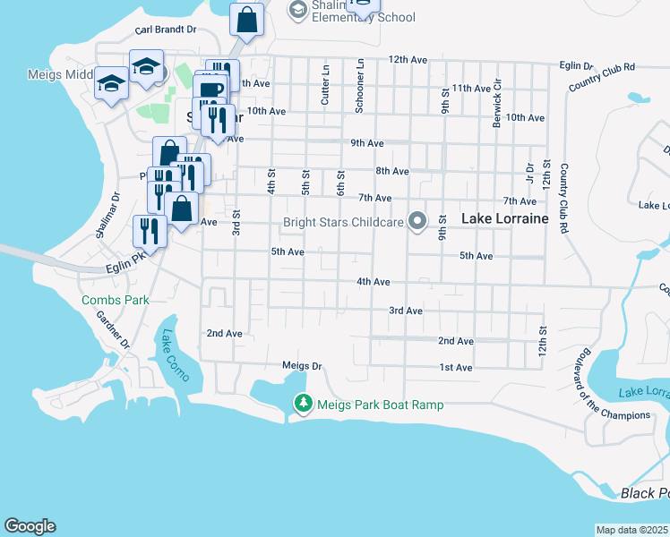 map of restaurants, bars, coffee shops, grocery stores, and more near 52A 5th Street in Shalimar