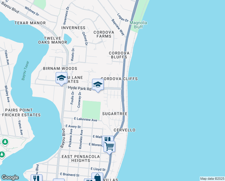 map of restaurants, bars, coffee shops, grocery stores, and more near 3237 Hyde Park Road in Pensacola