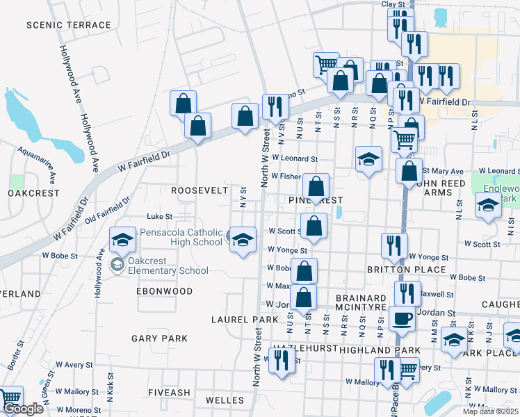 map of restaurants, bars, coffee shops, grocery stores, and more near in West Pensacola