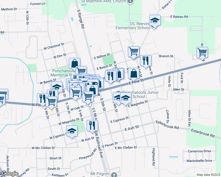 map of restaurants, bars, coffee shops, grocery stores, and more near 300 East Pine Street in Ponchatoula