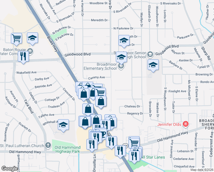 map of restaurants, bars, coffee shops, grocery stores, and more near 1438 Cora Drive in Baton Rouge