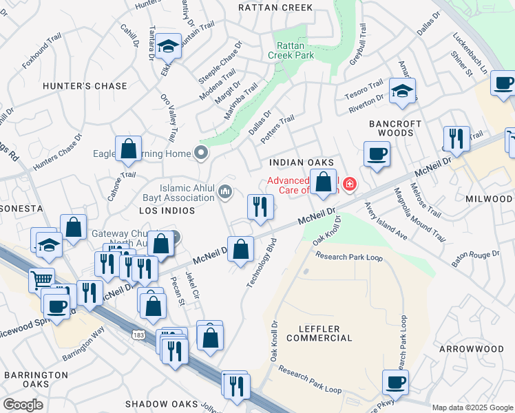 map of restaurants, bars, coffee shops, grocery stores, and more near 6800 McNeil Drive in Austin