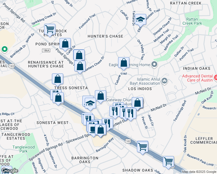 map of restaurants, bars, coffee shops, grocery stores, and more near 7920 San Felipe Boulevard in Austin