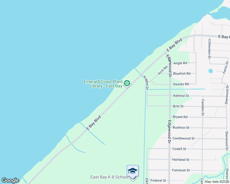 map of restaurants, bars, coffee shops, grocery stores, and more near 6602 East Bay Boulevard in Gulf Breeze