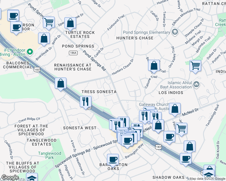 map of restaurants, bars, coffee shops, grocery stores, and more near 12215 Hunters Chase Drive in Austin
