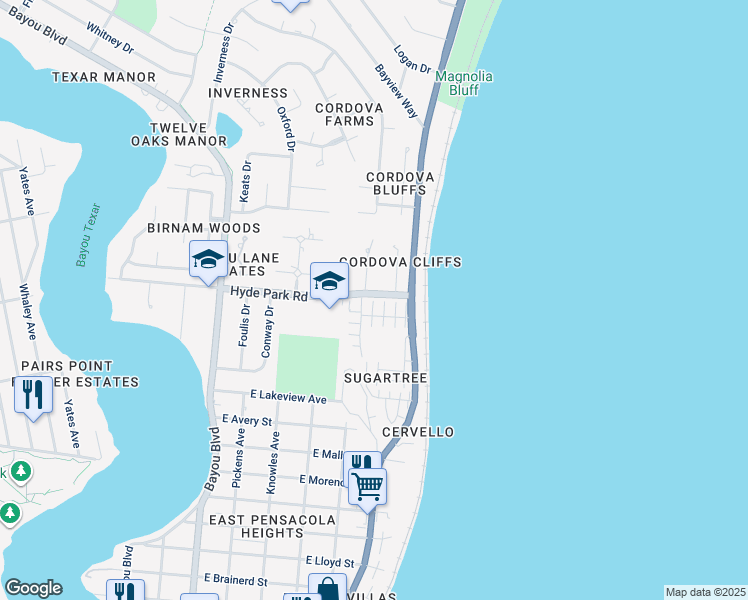 map of restaurants, bars, coffee shops, grocery stores, and more near 3237 Hyde Park Road in Pensacola