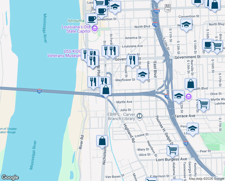 map of restaurants, bars, coffee shops, grocery stores, and more near 900 Highland Road in Baton Rouge