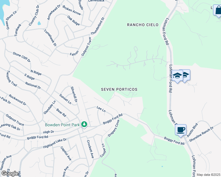 map of restaurants, bars, coffee shops, grocery stores, and more near 20110 Victoria Chase in Lago Vista