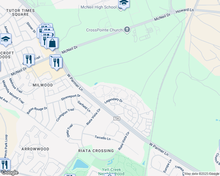 map of restaurants, bars, coffee shops, grocery stores, and more near 5708 West Parmer Lane in Austin
