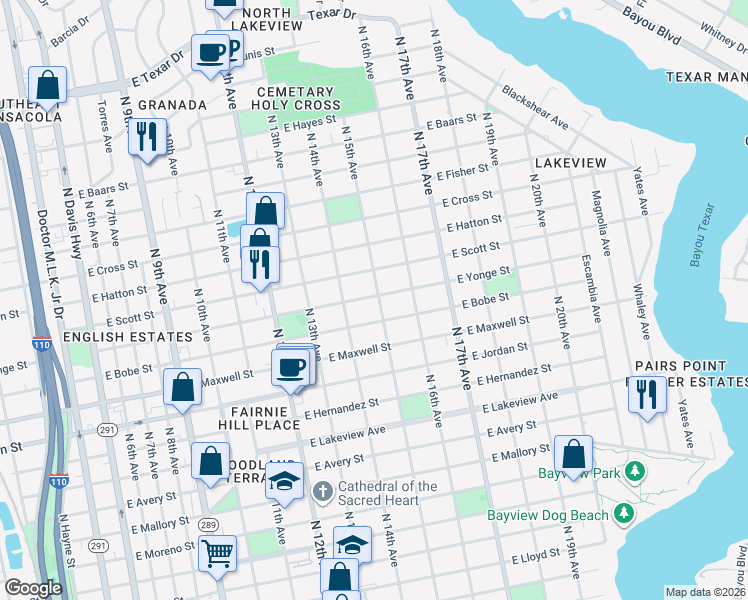map of restaurants, bars, coffee shops, grocery stores, and more near 2323 North 15th Avenue in Pensacola