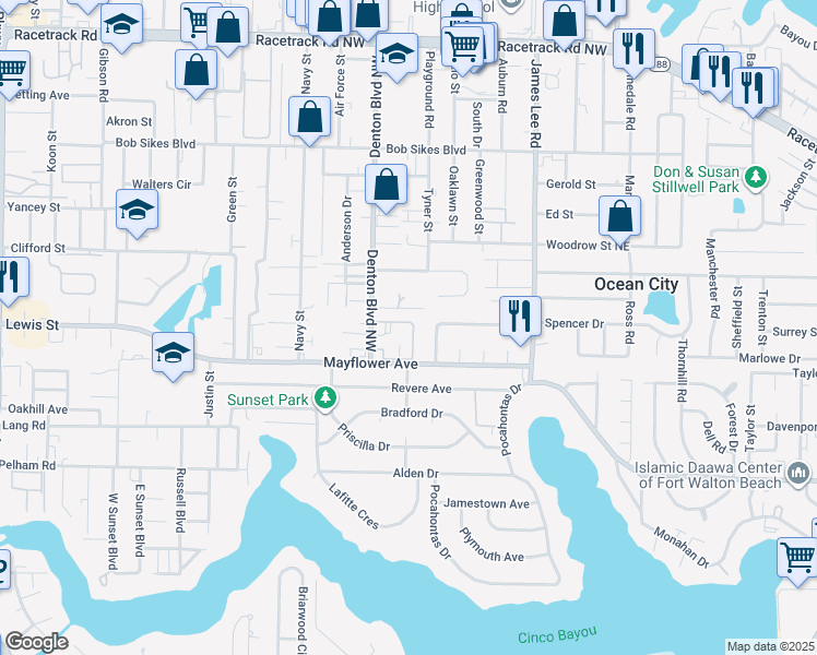 map of restaurants, bars, coffee shops, grocery stores, and more near 611 Colonial Drive in Fort Walton Beach