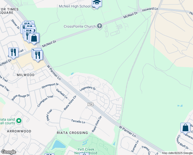 map of restaurants, bars, coffee shops, grocery stores, and more near 13401 Legendary Drive in Austin