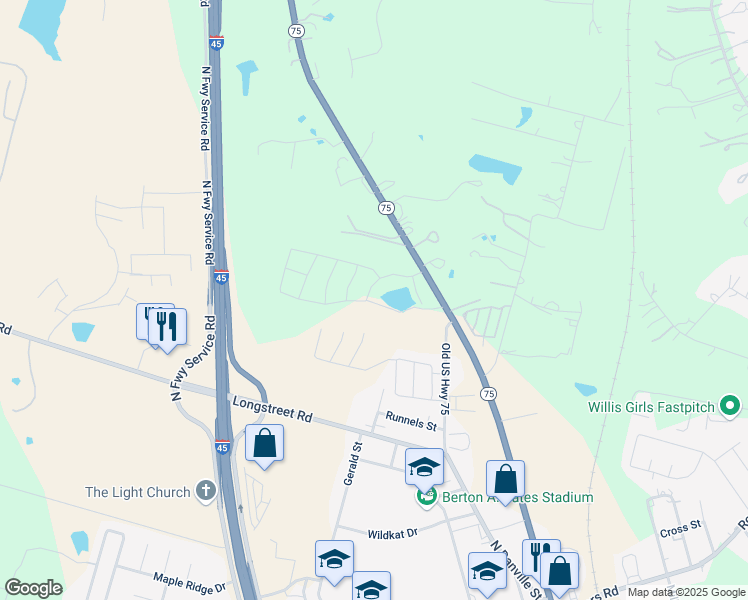 map of restaurants, bars, coffee shops, grocery stores, and more near 203 Spring Meadows Circle in Willis