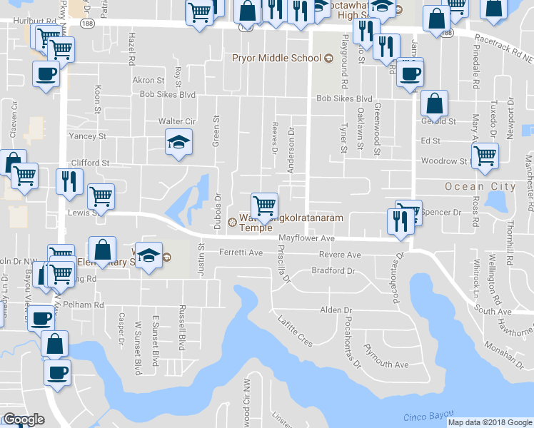 map of restaurants, bars, coffee shops, grocery stores, and more near 657 Navy Street in Fort Walton Beach