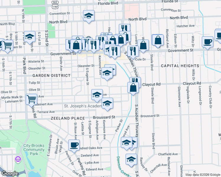 map of restaurants, bars, coffee shops, grocery stores, and more near 3112 Claycut Road in Baton Rouge