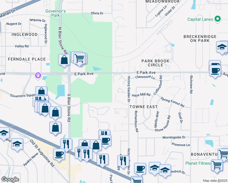 map of restaurants, bars, coffee shops, grocery stores, and more near 2001 Gardenbrook Lane in Tallahassee
