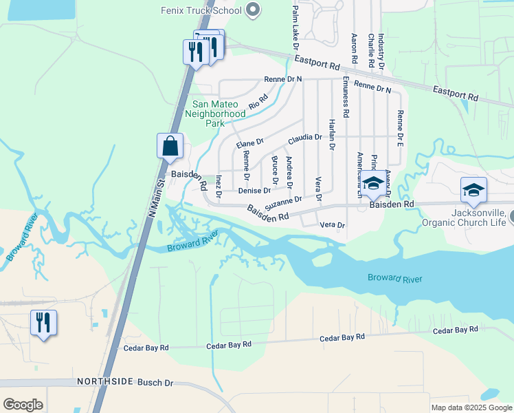 map of restaurants, bars, coffee shops, grocery stores, and more near 273 Baisden Road in Jacksonville