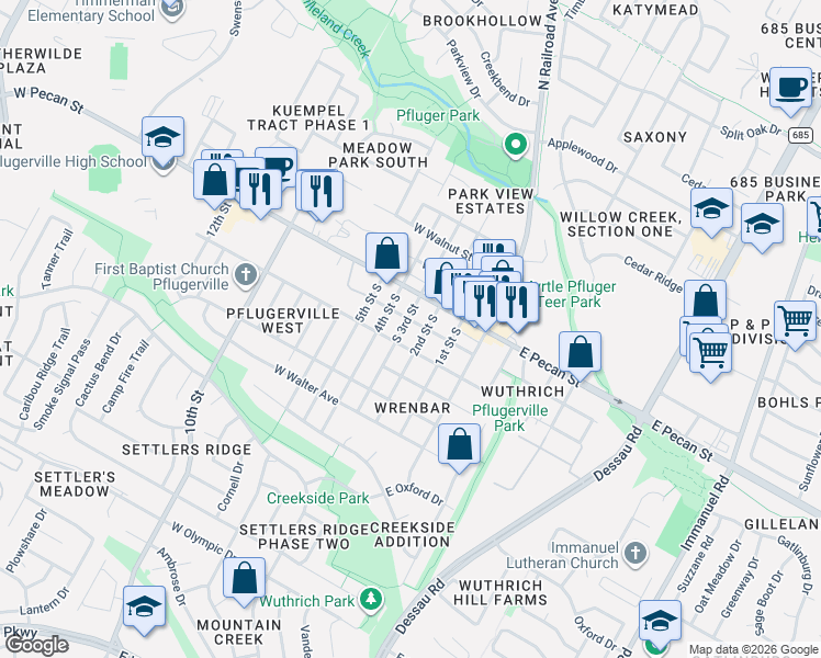 map of restaurants, bars, coffee shops, grocery stores, and more near 203 West Hall Street in Pflugerville