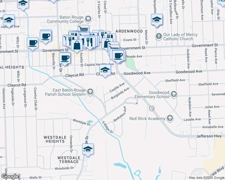 map of restaurants, bars, coffee shops, grocery stores, and more near 5768 Castile Avenue in Baton Rouge