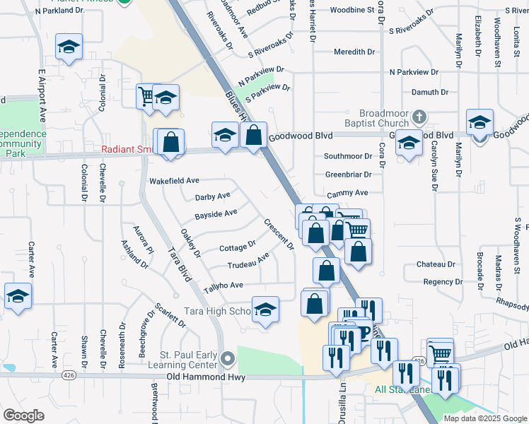 map of restaurants, bars, coffee shops, grocery stores, and more near 1225 Crescent Drive in Baton Rouge