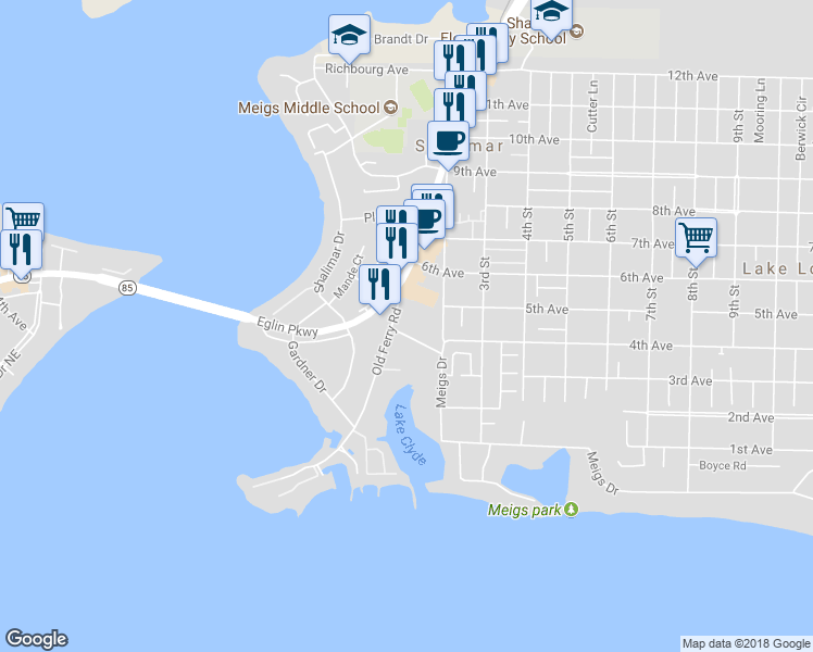 map of restaurants, bars, coffee shops, grocery stores, and more near 1 Old Ferry Road in Shalimar