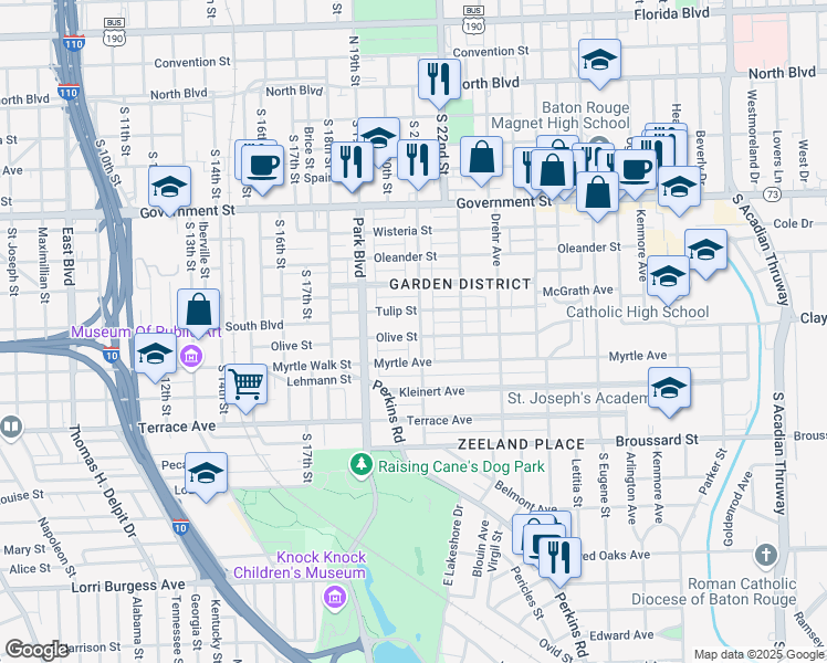 map of restaurants, bars, coffee shops, grocery stores, and more near 960 Camellia Avenue in Baton Rouge