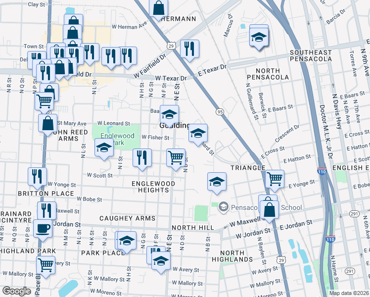 map of restaurants, bars, coffee shops, grocery stores, and more near 806 West Cross Street in Pensacola