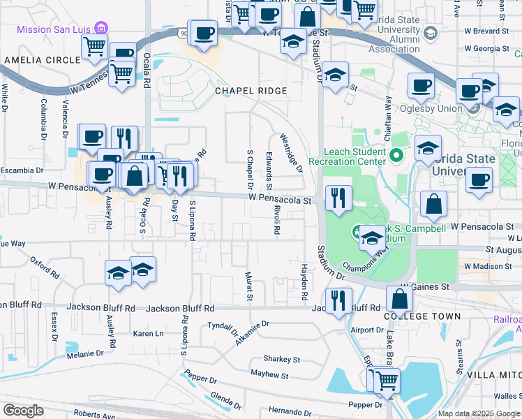 map of restaurants, bars, coffee shops, grocery stores, and more near 1701 West Pensacola Street in Tallahassee
