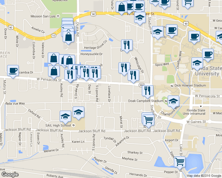 map of restaurants, bars, coffee shops, grocery stores, and more near 1819 West Pensacola Street in Tallahassee