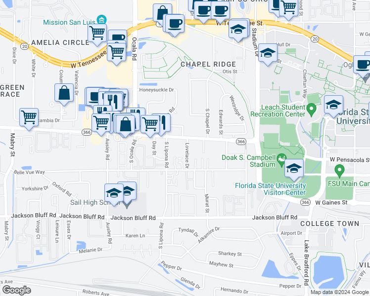 map of restaurants, bars, coffee shops, grocery stores, and more near 1861 West Pensacola Street in Tallahassee