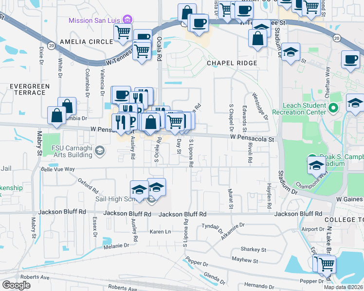 map of restaurants, bars, coffee shops, grocery stores, and more near 227 Day Street in Tallahassee