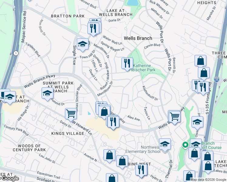 map of restaurants, bars, coffee shops, grocery stores, and more near 2110 Delvin Lane in Austin