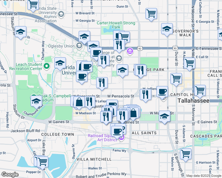 map of restaurants, bars, coffee shops, grocery stores, and more near 655 West Jefferson Street in Tallahassee