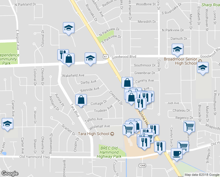 map of restaurants, bars, coffee shops, grocery stores, and more near 1225 Crescent Drive in Baton Rouge