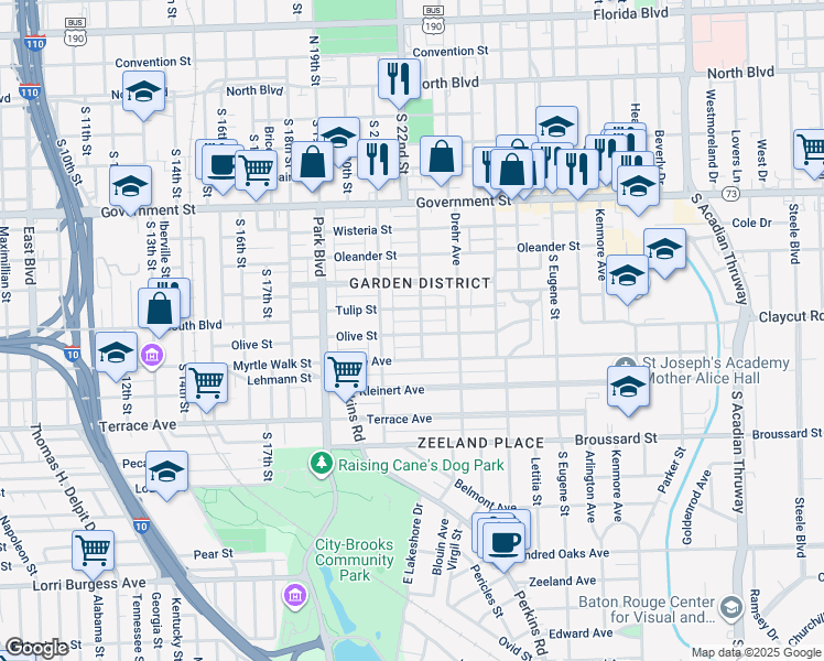 map of restaurants, bars, coffee shops, grocery stores, and more near 2169 Olive Street in Baton Rouge