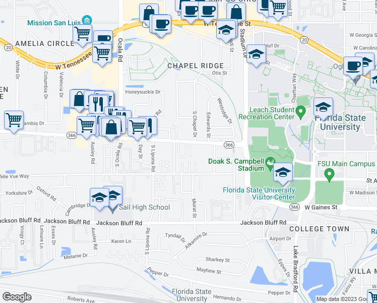map of restaurants, bars, coffee shops, grocery stores, and more near 212 Atkinson Drive in Tallahassee