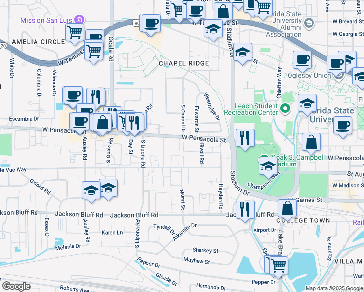 map of restaurants, bars, coffee shops, grocery stores, and more near 215 Atkinson Drive in Tallahassee