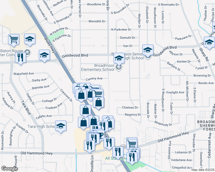 map of restaurants, bars, coffee shops, grocery stores, and more near 1438 Cora Drive in Baton Rouge