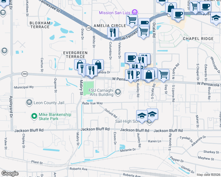 map of restaurants, bars, coffee shops, grocery stores, and more near 2241 West Pensacola Street in Tallahassee