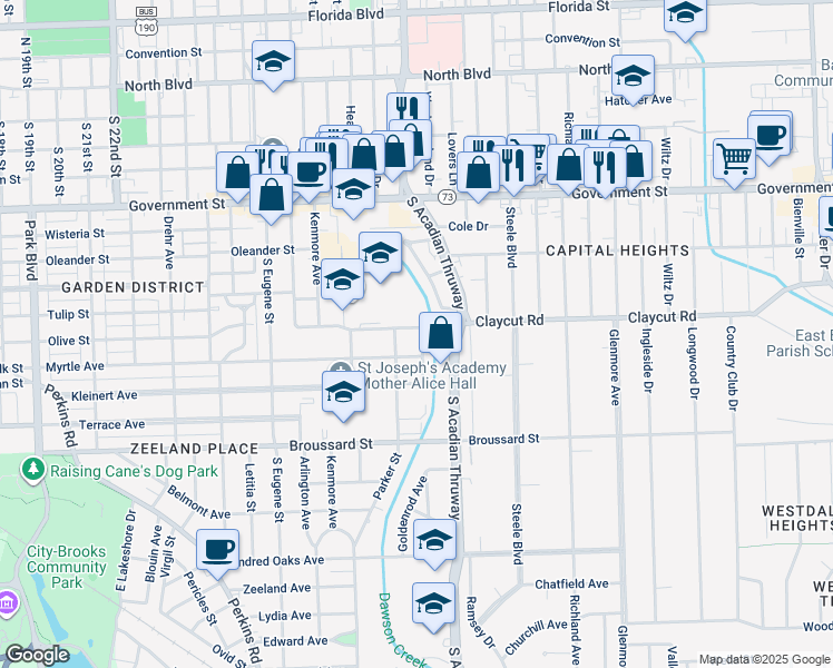map of restaurants, bars, coffee shops, grocery stores, and more near 3364 Claycut Road in Baton Rouge