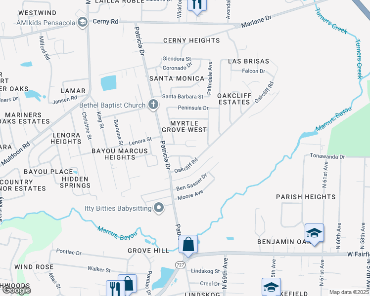 map of restaurants, bars, coffee shops, grocery stores, and more near 7155 Pearson Road in Pensacola