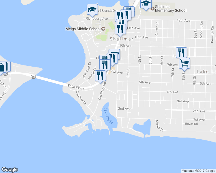 map of restaurants, bars, coffee shops, grocery stores, and more near 1 Old Ferry Road in Shalimar