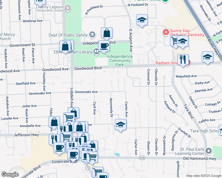 map of restaurants, bars, coffee shops, grocery stores, and more near 8021 Sevenoaks Avenue in Baton Rouge