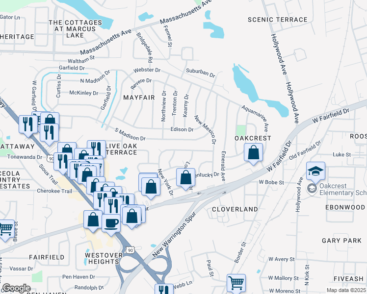 map of restaurants, bars, coffee shops, grocery stores, and more near 607 New York Drive in Pensacola