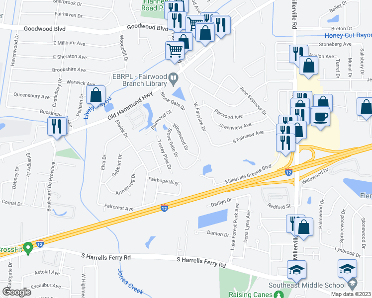 map of restaurants, bars, coffee shops, grocery stores, and more near 14012 Windwood Drive in Baton Rouge
